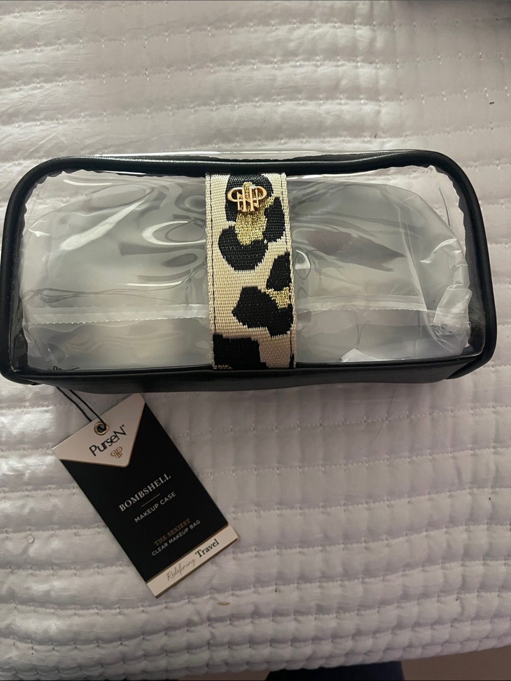 PurseN Clear Makeup Case with Black Trim and Leopard Strap (Black, Cream, Gold)